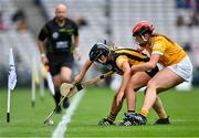 12 September 2021; Sarah Walsh of Kilkenny can't keep the ball in play, under pressure from Caoimhe Conlon of Antrim, during the All-Ireland Intermediate Camogie Championship Final match between Antrim and Kilkenny at Croke Park in Dublin. Photo by Piaras Ó Mídheach/Sportsfile