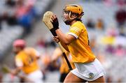 12 September 2021; Maeve Kelly of Antrim after scoring her side's first goal during the All-Ireland Intermediate Camogie Championship Final match between Antrim and Kilkenny at Croke Park in Dublin. Photo by Ben McShane/Sportsfile