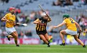 12 September 2021; Eva Hynes of Kilkenny in action against Chloe Drain, right, and Maeve Connolly of Antrim during the All-Ireland Intermediate Camogie Championship Final match between Antrim and Kilkenny at Croke Park in Dublin. Photo by Piaras Ó Mídheach/Sportsfile