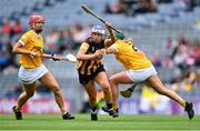 12 September 2021; Eva Hynes of Kilkenny in action against Chloe Drain, right, and Maeve Connolly of Antrim during the All-Ireland Intermediate Camogie Championship Final match between Antrim and Kilkenny at Croke Park in Dublin. Photo by Piaras Ó Mídheach/Sportsfile