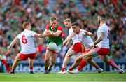 11 September 2021; Ryan O'Donoghue of Mayo in action against Tyrone players, from left, Peter Harte, Frank Burns, Michael McKernan and Ronan McNamee during the GAA Football All-Ireland Senior Championship Final match between Mayo and Tyrone at Croke Park in Dublin. Photo by Stephen McCarthy/Sportsfile