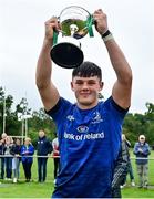 12 September 2021; Leinster captain Stephen Smith lifts the Kevin D Kelleher cup for winning the U18 Schools Interprovincial Championship after the PwC U18 Men’s Interprovincial Championship Round 2 match between Leinster and Munster at MU Barnhall in Leixlip, Kildare. Photo by Brendan Moran/Sportsfile