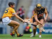 12 September 2021; Kilkenny goalkeeper Sinéad Farrell in action against Catrine Dobbin of Antrim during the All-Ireland Intermediate Camogie Championship Final match between Antrim and Kilkenny at Croke Park in Dublin. Photo by Piaras Ó Mídheach/Sportsfile