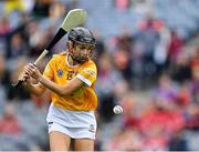 12 September 2021; Catrine Dobbin of Antrim shoots to score her side's second goal during the All-Ireland Intermediate Camogie Championship Final match between Antrim and Kilkenny at Croke Park in Dublin. Photo by Piaras Ó Mídheach/Sportsfile