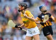 12 September 2021; Catrine Dobbin of Antrim celebrates scoring her side's second goal during the All-Ireland Intermediate Camogie Championship Final match between Antrim and Kilkenny at Croke Park in Dublin. Photo by Piaras Ó Mídheach/Sportsfile