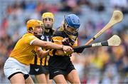 12 September 2021; Ciara Murphy of Kilkenny is tackled by Amy Boyle of Antrim during the All-Ireland Intermediate Camogie Championship Final match between Antrim and Kilkenny at Croke Park in Dublin. Photo by Piaras Ó Mídheach/Sportsfile
