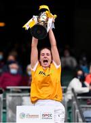 12 September 2021; Antrim captain Lucia McNaughton lifts the Jack McGrath Cup after the All-Ireland Intermediate Camogie Championship Final match between Antrim and Kilkenny at Croke Park in Dublin. Photo by Ben McShane/Sportsfile
