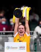 12 September 2021; Antrim captain Lucia McNaughton lifts the Jack McGrath Cup after the All-Ireland Intermediate Camogie Championship Final match between Antrim and Kilkenny at Croke Park in Dublin. Photo by Ben McShane/Sportsfile