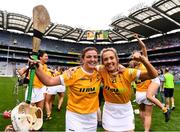 12 September 2021; Goalkeeper Catrina Graham, left, and Niamh Anne Donnelly of Antrim celebrate after the All-Ireland Intermediate Camogie Championship Final match between Antrim and Kilkenny at Croke Park in Dublin. Photo by Ben McShane/Sportsfile