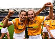 12 September 2021; Becky Ellis, left, and Christine Laverty of Antrim celebrate after the All-Ireland Intermediate Camogie Championship Final match between Antrim and Kilkenny at Croke Park in Dublin. Photo by Ben McShane/Sportsfile