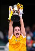 12 September 2021; Antrim captain Lucia McNaughton lifts the Jack McGrath Cup after the All-Ireland Intermediate Camogie Championship Final match between Antrim and Kilkenny at Croke Park in Dublin. Photo by Piaras Ó Mídheach/Sportsfile