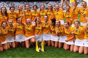 12 September 2021; Antrim players and backroom staff celebrate after their side's victory in the All-Ireland Intermediate Camogie Championship Final match between Antrim and Kilkenny at Croke Park in Dublin. Photo by Piaras Ó Mídheach/Sportsfile