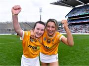 12 September 2021; Antrim players Amy Boyle, left, and Becky Ellis of Antrim celebrate after their side's victory in the All-Ireland Intermediate Camogie Championship Final match between Antrim and Kilkenny at Croke Park in Dublin. Photo by Piaras Ó Mídheach/Sportsfile