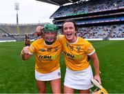 12 September 2021; Antrim players Roisin McCormick, left, and Katie McAleese celebrate after their side's victory in the All-Ireland Intermediate Camogie Championship Final match between Antrim and Kilkenny at Croke Park in Dublin. Photo by Piaras Ó Mídheach/Sportsfile