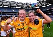 12 September 2021; Antrim players Roisin McCormick, left, and Chloe Drain celebrate after their side's victory in the All-Ireland Intermediate Camogie Championship Final match between Antrim and Kilkenny at Croke Park in Dublin. Photo by Piaras Ó Mídheach/Sportsfile
