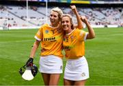 12 September 2021; Niamh Donnelly, left, and Niamh Anne Donnelly of Antrim celebrate after the All-Ireland Intermediate Camogie Championship Final match between Antrim and Kilkenny at Croke Park in Dublin. Photo by Ben McShane/Sportsfile