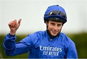 12 September 2021; Jockey William Buick celebrates after riding Native Trail to victory in the Goffs Vincent O'Brien National Stakes during day two of the Longines Irish Champions Weekend at The Curragh Racecourse in Kildare. Photo by Seb Daly/Sportsfile