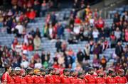 12 September 2021; Cork players stand for Amhrán na bhFiann before the All-Ireland Senior Camogie Championship Final match between Cork and Galway at Croke Park in Dublin. Photo by Piaras Ó Mídheach/Sportsfile