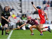 12 September 2021; Orlaith McGrath of Galway can't keep the ball in play, under pressure from Pamela Mackey of Cork, during the All-Ireland Senior Camogie Championship Final match between Cork and Galway at Croke Park in Dublin. Photo by Piaras Ó Mídheach/Sportsfile