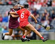 12 September 2021; Aoife Donoghue of Galway is tackled by Laura Treacy of Cork during the All-Ireland Senior Camogie Championship Final match between Cork and Galway at Croke Park in Dublin. Photo by Piaras Ó Mídheach/Sportsfile