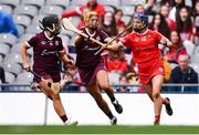 12 September 2021; Orla Cronin of Cork in action against Dervla Higgins, centre, and Sarah Dervan of Galway during the All-Ireland Senior Camogie Championship Final match between Cork and Galway at Croke Park in Dublin. Photo by Ben McShane/Sportsfile