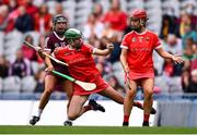 12 September 2021; Hannah Looney of Cork, supported by team-mate Fiona Keating, right, in action against Aoife Donoghue of Galway during the All-Ireland Senior Camogie Championship Final match between Cork and Galway at Croke Park in Dublin. Photo by Ben McShane/Sportsfile