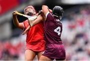 12 September 2021; Dervla Higgins of Galway collides with Fiona Keating of Cork during the All-Ireland Senior Camogie Championship Final match between Cork and Galway at Croke Park in Dublin. Photo by Ben McShane/Sportsfile