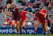 12 September 2021; Orlaith McGrath of Galway in action against Ciara O'Sullivan, left, and Pamela Mackey of Cork during the All-Ireland Senior Camogie Championship Final match between Cork and Galway at Croke Park in Dublin. Photo by Piaras Ó Mídheach/Sportsfile