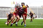 12 September 2021; Siobhán McGrath of Galway in action against Ashling Thompson of Cork during the All-Ireland Senior Camogie Championship Final match between Cork and Galway at Croke Park in Dublin. Photo by Ben McShane/Sportsfile