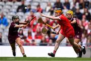 12 September 2021; Cork goalkeeper Amy Lee gets a pass away despite the efforts of Niamh Kilkenny, left, and Siobhán McGrath of Galway during the All-Ireland Senior Camogie Championship Final match between Cork and Galway at Croke Park in Dublin. Photo by Ben McShane/Sportsfile