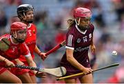12 September 2021; Orlaith McGrath of Galway gets away from Libby Coppinger, 3, and Saoirse McCarthy of Cork during the All-Ireland Senior Camogie Championship Final match between Cork and Galway at Croke Park in Dublin. Photo by Piaras Ó Mídheach/Sportsfile