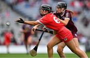 12 September 2021; Laura Treacy of Cork in action against Carrie Dolan of Galway during the All-Ireland Senior Camogie Championship Final match between Cork and Galway at Croke Park in Dublin. Photo by Piaras Ó Mídheach/Sportsfile