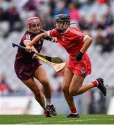 12 September 2021; Laura Treacy of Cork in action against Dervla Higgins of Galway during the All-Ireland Senior Camogie Championship Final match between Cork and Galway at Croke Park in Dublin. Photo by Ben McShane/Sportsfile