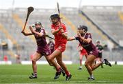 12 September 2021; Saoirse McCarthy of Cork in action against Aoife Donoghue, right, and Niamh Kilkenny of Galway during the All-Ireland Senior Camogie Championship Final match between Cork and Galway at Croke Park in Dublin. Photo by Ben McShane/Sportsfile