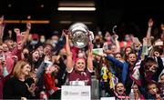 12 September 2021; Galway captain Sarah Dervan lifts the O'Duffy Cup after the All-Ireland Senior Camogie Championship Final match between Cork and Galway at Croke Park in Dublin. Photo by Ben McShane/Sportsfile