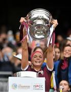 12 September 2021; Galway captain Sarah Dervan lifts the O'Duffy Cup after the All-Ireland Senior Camogie Championship Final match between Cork and Galway at Croke Park in Dublin. Photo by Piaras Ó Mídheach/Sportsfile