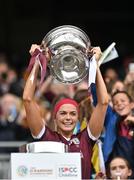 12 September 2021; Galway captain Sarah Dervan lifts the O'Duffy Cup after the All-Ireland Senior Camogie Championship Final match between Cork and Galway at Croke Park in Dublin. Photo by Piaras Ó Mídheach/Sportsfile