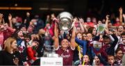 12 September 2021; Galway captain Sarah Dervan lifts the O'Duffy Cup after the All-Ireland Senior Camogie Championship Final match between Cork and Galway at Croke Park in Dublin. Photo by Ben McShane/Sportsfile