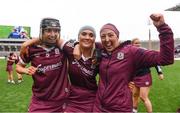 12 September 2021; Galway players, from left, Siobhán Gardiner, Emma Helebert and Lisa Casserly celebrate after the All-Ireland Senior Camogie Championship Final match between Cork and Galway at Croke Park in Dublin. Photo by Ben McShane/Sportsfile