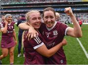 12 September 2021; Catriona Cormican, right, and Sarah Spellman of Galway celebrate after their victory in the All-Ireland Senior Camogie Championship Final match between Cork and Galway at Croke Park in Dublin. Photo by Ben McShane/Sportsfile