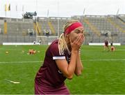 12 September 2021; Galway captain Sarah Dervan celebrates after her side's victory in the All-Ireland Senior Camogie Championship Final match between Cork and Galway at Croke Park in Dublin. Photo by Piaras Ó Mídheach/Sportsfile