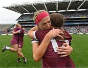 12 September 2021; Galway captain Sarah Dervan, behind, celebrates with team-mate Aoife Donoghue, after their side's victory in the All-Ireland Senior Camogie Championship Final match between Cork and Galway at Croke Park in Dublin. Photo by Piaras Ó Mídheach/Sportsfile