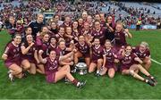 12 September 2021; Galway players celebrate after their side's victory in the All-Ireland Senior Camogie Championship Final match between Cork and Galway at Croke Park in Dublin. Photo by Piaras Ó Mídheach/Sportsfile