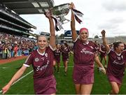 12 September 2021; Galway players Niamh Kilkenny, left, and Sarah Dervan celebrate with the O'Duffy Cup after their side's victory in the All-Ireland Senior Camogie Championship Final match between Cork and Galway at Croke Park in Dublin. Photo by Piaras Ó Mídheach/Sportsfile