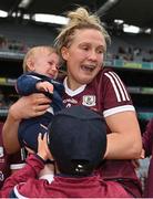12 September 2021; Shauna Healy of Galway, 2, celebrates with her goddaughter Ellen Burke after the All-Ireland Senior Camogie Championship Final match between Cork and Galway at Croke Park in Dublin. Photo by Piaras Ó Mídheach/Sportsfile