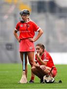 12 September 2021; Dejected Cork players Laura Hayes, left, and Saoirse McCarthy after their defeat in the All-Ireland Senior Camogie Championship Final match between Cork and Galway at Croke Park in Dublin. Photo by Ben McShane/Sportsfile