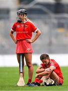 12 September 2021; Dejected Cork players Laura Hayes, left, and Saoirse McCarthy after their defeat in the All-Ireland Senior Camogie Championship Final match between Cork and Galway at Croke Park in Dublin. Photo by Ben McShane/Sportsfile