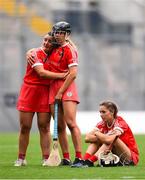 12 September 2021; Linda Collins, left, is consoled by Cork team-mate Laura Hayes, centre, after their defeat in the All-Ireland Senior Camogie Championship Final match between Cork and Galway at Croke Park in Dublin. Photo by Ben McShane/Sportsfile