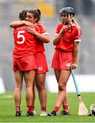 12 September 2021; Cork players, from left, Saoirse McCarthy, Linda Collins and Laura Hayes of Cork after their defeat in the All-Ireland Senior Camogie Championship Final match between Cork and Galway at Croke Park in Dublin. Photo by Ben McShane/Sportsfile