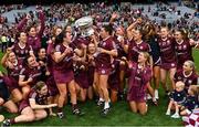 12 September 2021; Aoife Donoghue of Galway celebrates with the O'Duffy Cup after her side's victory in the All-Ireland Senior Camogie Championship Final match between Cork and Galway at Croke Park in Dublin. Photo by Piaras Ó Mídheach/Sportsfile